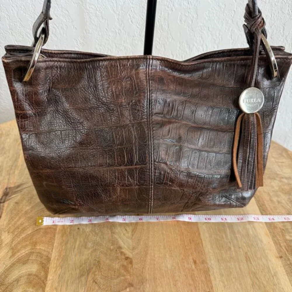 Furla Croc Embossed Brown Leather Hobo